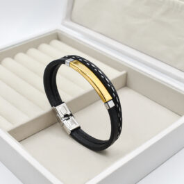 PULSERA DE ACERO TEJIDA COMBINADA C/ CUERO PARA GRABAR