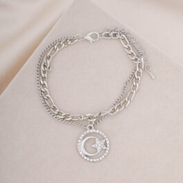 PULSERA DE ACERO DOBLE CADENA C/DIJE DE LUNA