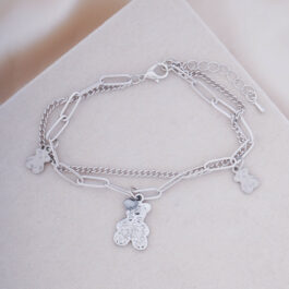 PULSERA PLATEADA  DOBLE CADENA C/DIJE DE OSOS