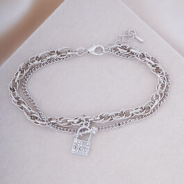 PULSERA PLATEADA DOBLE CADENA C/DIJE DE CANDADO