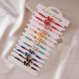 PULSERA DE MACRAME CON MARIPOSA DE COLORES Y STRASS X 12