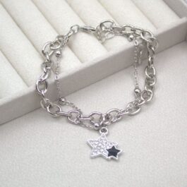 PULSERA PLATEADA DOBLE CADENA C/DIJE DE STRASS DOBLE ESTRELLA