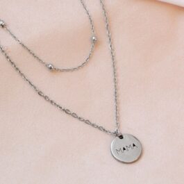 COLLAR DE ACERO DOBLE C/ BOLITAS  Y DIJE MAMA