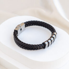 PULSERA DE ACERO TEJIDA COMBINADA C/ CUERO PARA GRABAR