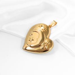 DIJE DE ACERO DORADO CORAZON INFLADO C/ LUNA Y ESTRELLAS