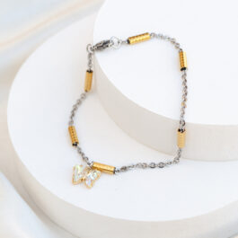 PULSERA DE ACERO COMBINADA C/DIJE MARIPOSA CRISTAL CHICO