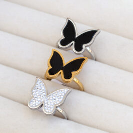 ANILLO DE ACERO Y ACERO DORADO MARIPOSA NEGRA X3