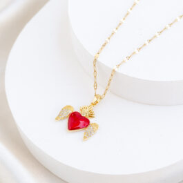 COLLAR DE ACERO DORADO CORAZON ROJO C/ALAS MULTI-STRASS