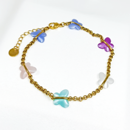 PULSERA O TOBILLERA DE ACERO DORADO 5 MARIPOSAS DE COLORES