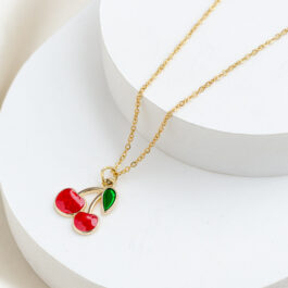 COLLAR DE ACERO DORADO C/CADENA ESPEJITO Y CEREZAS LISAS