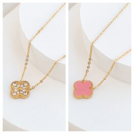 COLLAR ACERO DORADO TREBOL MULTI-STRASS Y REVERSO ESMALTADO ROSA