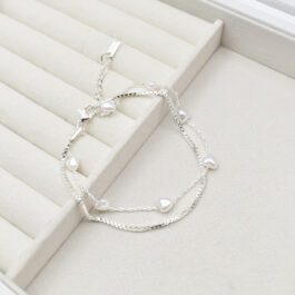PULSERA DE ACERO BLANCO DOBLE CADENA C/ MODELOS DE PERLAS