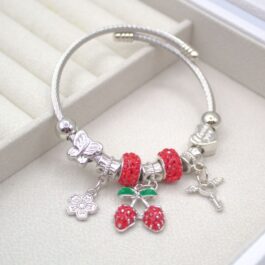 PULSERA TIPO PANDORA PLATEADA ROJA C/ 2 FRUTILLAS