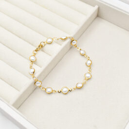 PULSERA DE ACERO DORADO 12 PERLAS ENGARZADAS