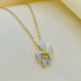 COLLAR DE ACERO DORADO C/DIJE FLOR DE 5 PETALOS TIPO NACAR