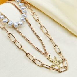 COLLAR DORADO 3 EN 1 C/ PERLAS Y ESTRELLA DE MAR