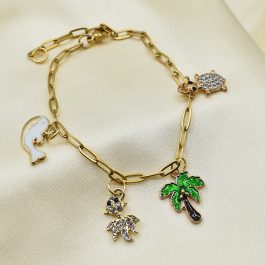 PULSERA DE ACERO DORADO C/ DIJES DE PLAYA C/ MICROPAVE