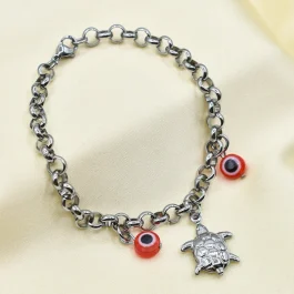 PULSERA DE ACERO ROLO CON TORTUGUITA Y OJITOS ROJOS