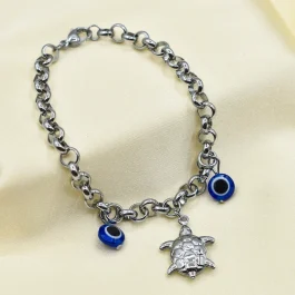 PULSERA DE ACERO ROLO CON TORTUGUITA Y OJITOS AZULES