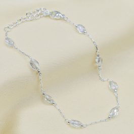 PULSERA DE ACERO BLANCO C/ CRISTAL Y BOLITAS OVALADAS BLANCAS