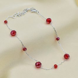 PULSERA DE ACERO BLANCO C/ CRISTAL Y BOLITAS REDONDAS ROJAS