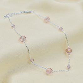PULSERA DE ACERO BLANCO C/ CRISTAL Y BOLITAS REDONDAS ROSITAS