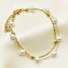 PULSERA DE ACERO DORADO DOBLE CADENA C/ BOLITAS Y PERLAS