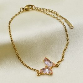 PULSERA ACERO DORADO ESPEJITO C/MARIPOSA DE CRISTAL EN MEDIO ROSA