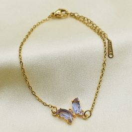 PULSERA ACERO DORADO ESPEJITO C/MARIPOSA DE CRISTAL EN MEDIO LILA