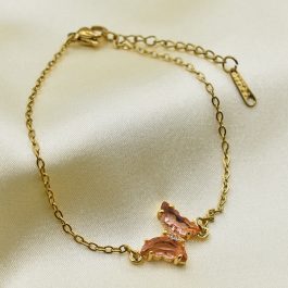 PULSERA ACERO DORADO ESPEJITO C/MARIPOSA DE CRISTAL EN MEDIO AMBAR