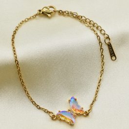 PULSERA ACERO DORADO ESPEJITO C/MARIPOSA DE CRISTAL EN MEDIO TORNASOL
