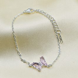 PULSERA ACERO BLANCO ESPEJITO C/MARIPOSA DE CRISTAL EN MEDIO ROSA