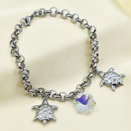 PULSERA DE ACERO ROLO C/CRISTAL Y 2 TORTUGUITAS