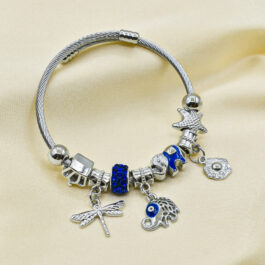 PULSERA TIPO PANDORA PLATEADA ELEFANTE Y OJO TURCO AZUL