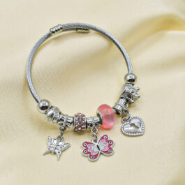 PULSERA TIPO PANDORA PLATEADA MARIPOSA ROSA CLARITO