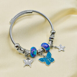 PULSERA TIPO PANDORA PLATEADA C/DIJE MARIPOSA TURQUESA
