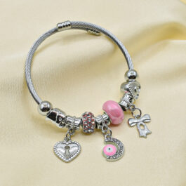 PULSERA TIPO PANDORA PLATEADA LUNA CON OJITO ROSA