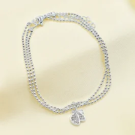 PULSERA ACERO BLANCO TRIPLE MICROBOLITA C/1 DIJE MARIPOSA COLGANDO