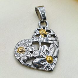 DIJE DE ACERO COMBINADO CORAZON C/FLORES