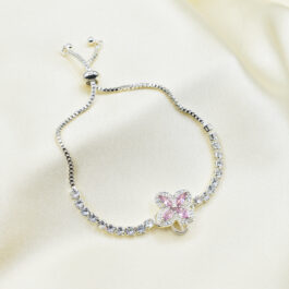PULSERA BLANCA DIJE GIRATORIO C/CIERRE CORBATERO FLOR ROSA