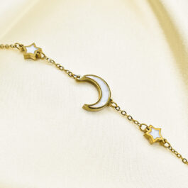 PULSERA DE ACERO DORADO C/ LUNA Y ESTRELLAS NACARADAS