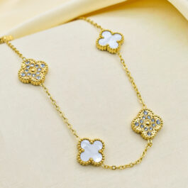 COLLAR DE ACERO 5 TREBOL NACARADO C/ MICROPAVE