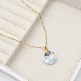 COLLAR DE ACERO DORADO C/DIJE CRISTAL TORNASOL OSTRA