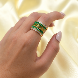 ANILLO TIPO SIN FIN C/PIEDRAS VERDES CALADO ATRAS ANCHO