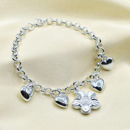 PULSERA ROLO FLOR Y C 4 /DIJES CORAZON LAMINADOS EN PLATA