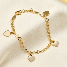 PULSERA 4 CORAZONE LISOS ESLABON CORAZ BAÑADO EN ORO 18K