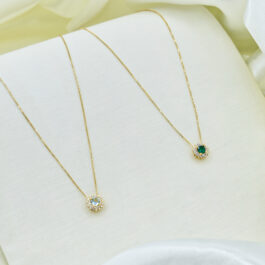 CONJUNTO BAÑO EN ORO 18K CADENA Y DIJE TIPO GIRASOL C/ZIRCON