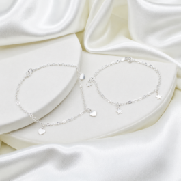 PULSERA DE PLATA FINA 3 DIJES PLANOS CORAZON O ESTRELLA